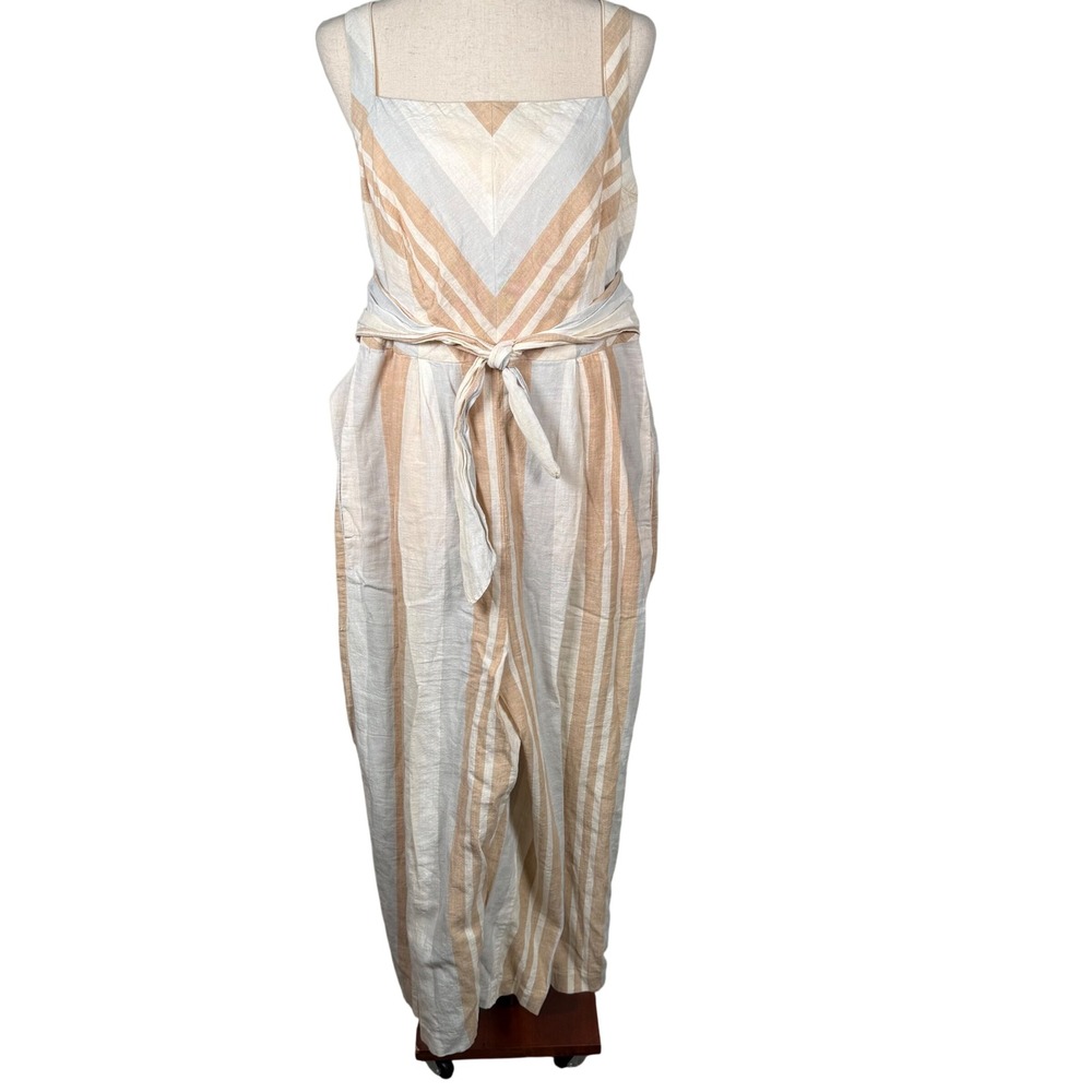 Anthropologie Savannah Striped Linen Blend‎ Jumpsuit Wide Leg Tie Waist 14 Boho